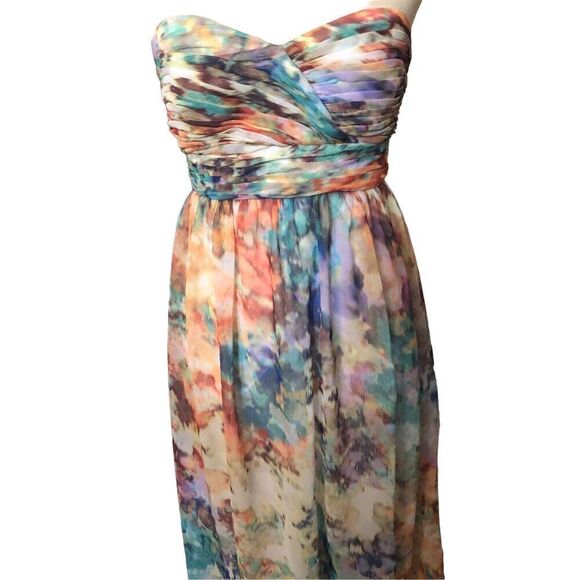 Aidan Mattox watercolor semi formal strapless chiffon full length dress size 2 - Picture 4 of 9